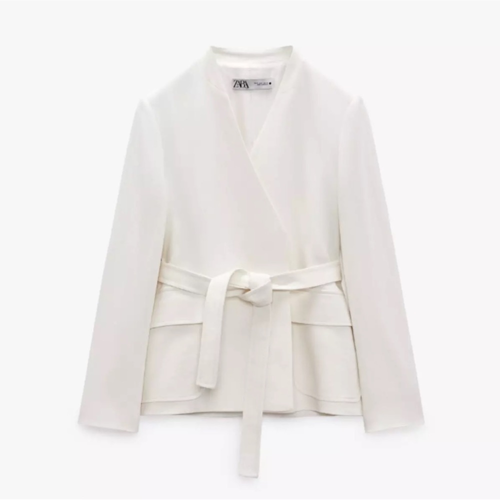 ZARA WOMAN NEW LINEN BLEND BELTED BLAZER OYSTER WHITE